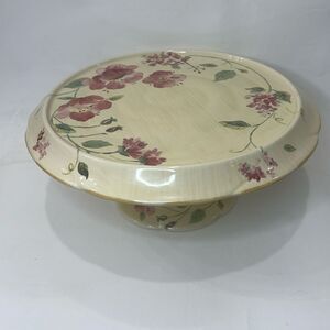 Pfaltzgraff Silk Rose Cake Plate Stand 12 In Round Creamy Yellow Pink Green
